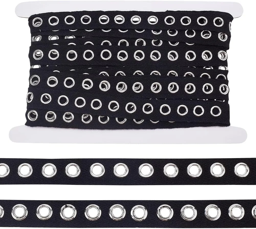نوار تزئینی پانچ PH PandaHall، 4.5 متر، مشکی، عرض 20 میلی متر، نوار اریب سوراخ دار با حلقه های پانچ 6 میلی متری برای دوخت لباس، کرست، پیراهن، کت، کفش و صنایع دستی