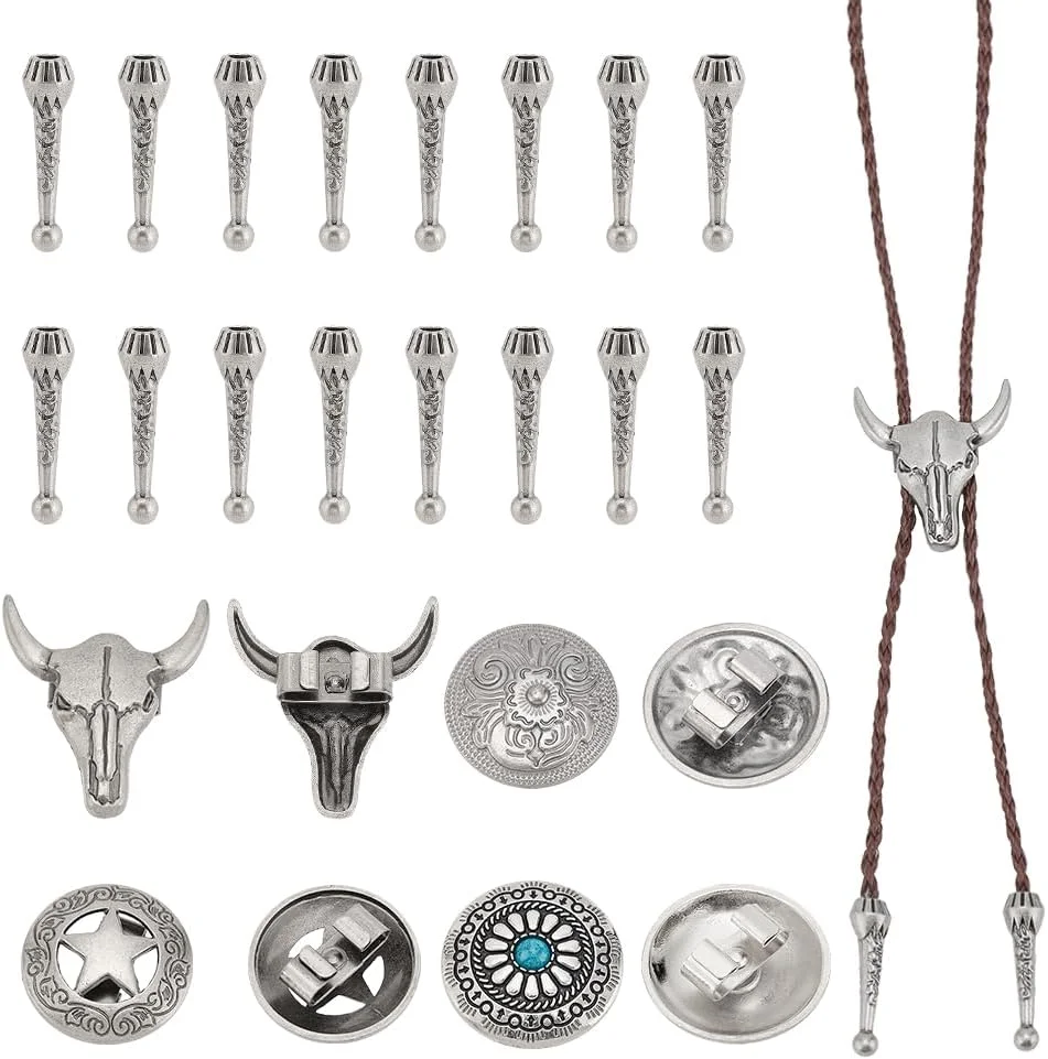 PH PandaHall 24 عدد سر گره کراوات بولو نقره ای تبت، آلیاژی، بلند، گرد، جایگزین کراوات بولو، لوازم جانبی مد برای ساخت گردنبند، صنایع دستی و تزئین لباس، قطر داخلی