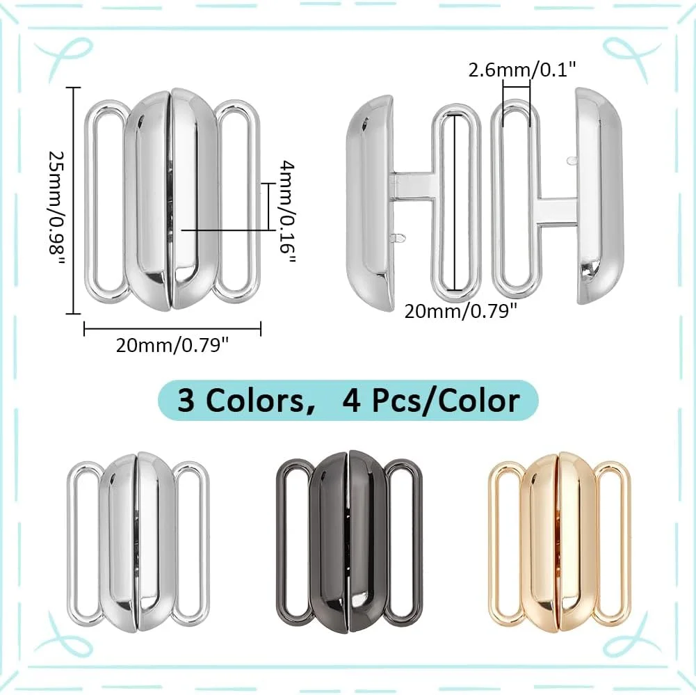 PH PandaHall 12 ست گیره بیکینی جلوباز در 3 رنگ، گیره فشاری 2.5 سانتی متری، گیره سوتین آلیاژی، گیره لباس زیر، سگک سوتین برای لباس زیر و مایو، طلایی/پلاتینیوم/فلز تفنگی