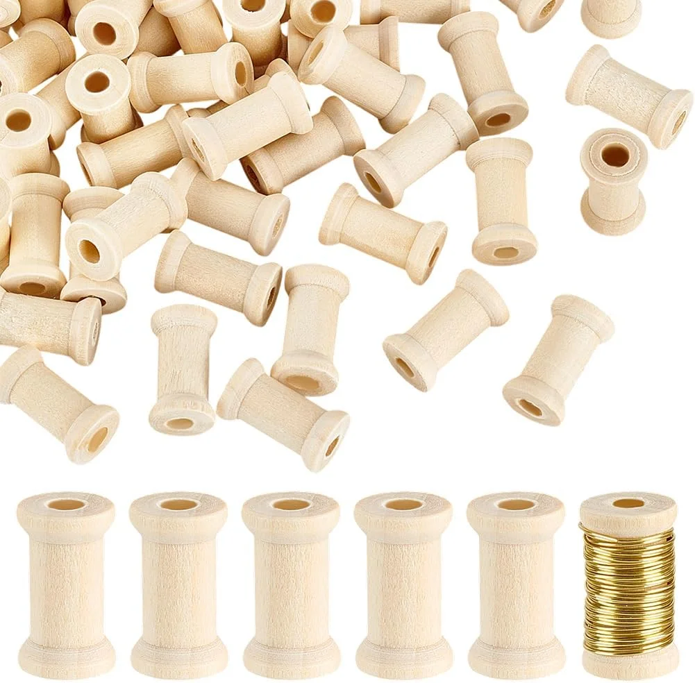PH PandaHall 100 عدد قرقره چوبی طبیعی، قرقره های خالی نخ چوبی ناتمام، قرقره های بافندگی سیم چوبی طبیعی برای صنایع دستی نخ خیاطی سیم بافتنی نساجی هنر DIY 2.5x1.5 سانتی متر