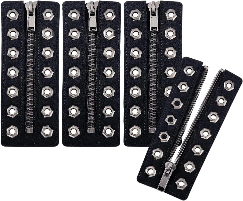 PH PandaHall 4 عدد زیپ های چرمی بدون گره برای چکمه، 5.5x14 سانتی متر فلز مشکی 7 سوراخه بند زیپی چکمه برای مردان زنان قلاب بافی کیف پول ساخت کفش های کتانی بدون بند تعمیر DIY، صاف