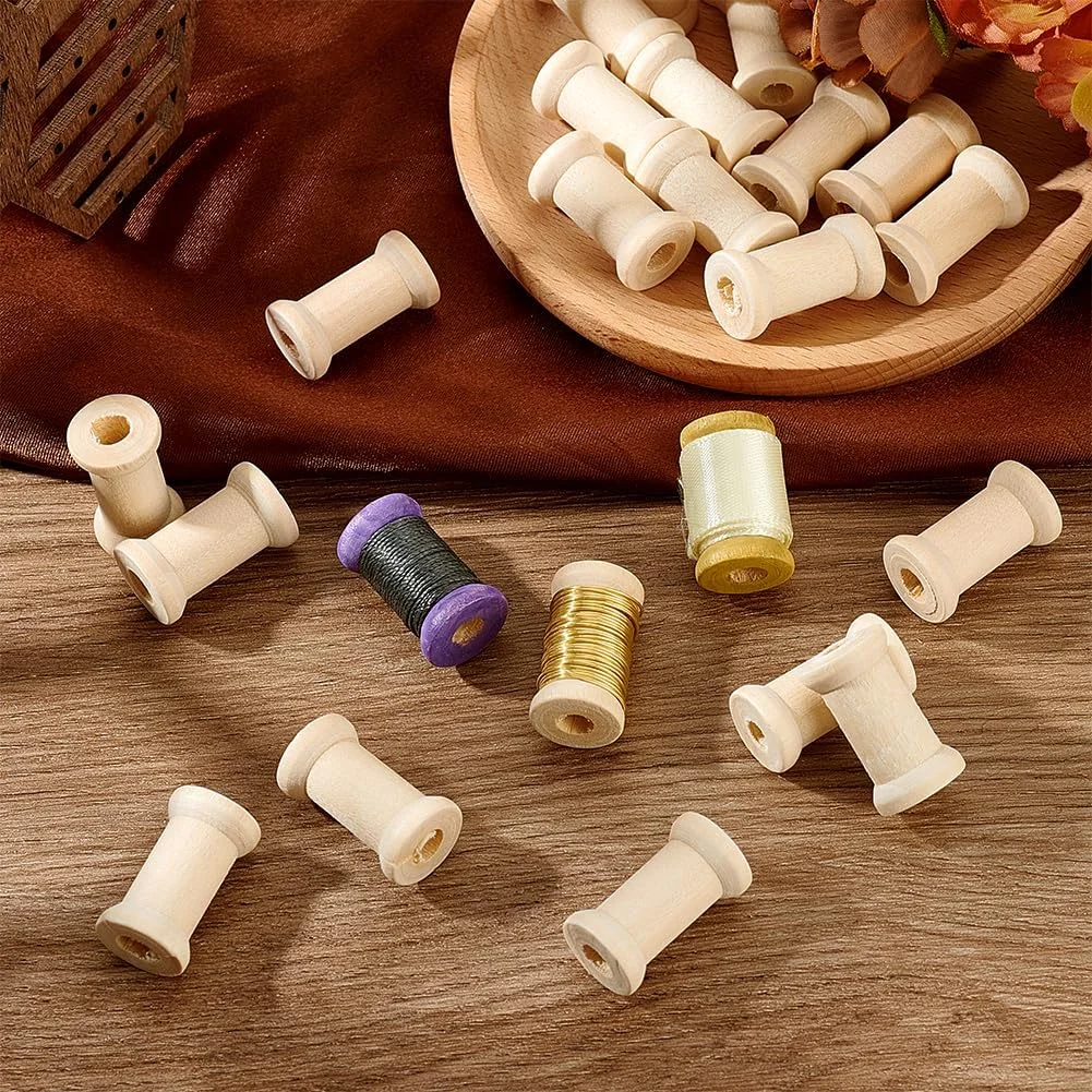 PH PandaHall 100 عدد قرقره چوبی طبیعی، قرقره های خالی نخ چوبی ناتمام، قرقره های بافندگی سیم چوبی طبیعی برای صنایع دستی نخ خیاطی سیم بافتنی نساجی هنر DIY 2.5x1.5 سانتی متر