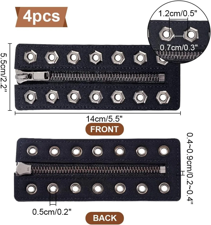 PH PandaHall 4 عدد زیپ های چرمی بدون گره برای چکمه، 5.5x14 سانتی متر فلز مشکی 7 سوراخه بند زیپی چکمه برای مردان زنان قلاب بافی کیف پول ساخت کفش های کتانی بدون بند تعمیر DIY، صاف