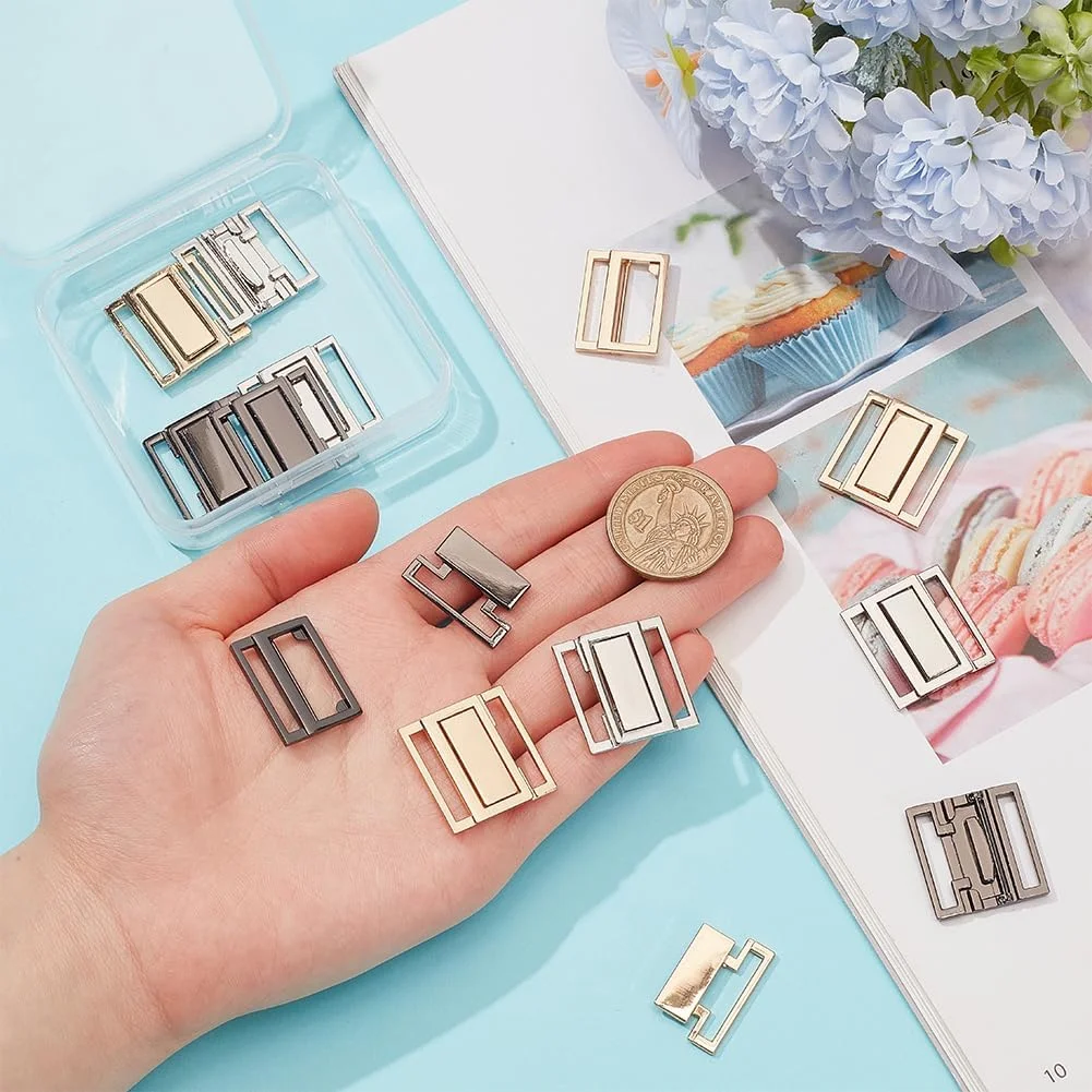 PH PandaHall 12 ست بست بیکینی جلوباز در 3 رنگ، گیره فشاری، قفل سوتین مربعی 2.5 سانتی متری، قلاب بست بیکینی، بست لباس، سگک سوتین برای خیاطی لباس زیر و مایو، طلایی/پلاتینیوم/فلز تفنگی