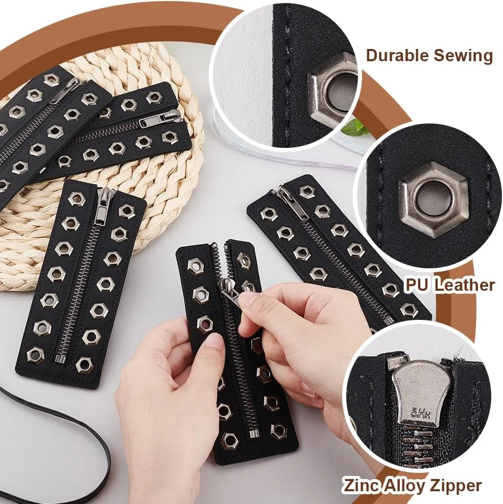 PH PandaHall 4 عدد زیپ های چرمی بدون گره برای چکمه، 5.5x14 سانتی متر فلز مشکی 7 سوراخه بند زیپی چکمه برای مردان زنان قلاب بافی کیف پول ساخت کفش های کتانی بدون بند تعمیر DIY، صاف