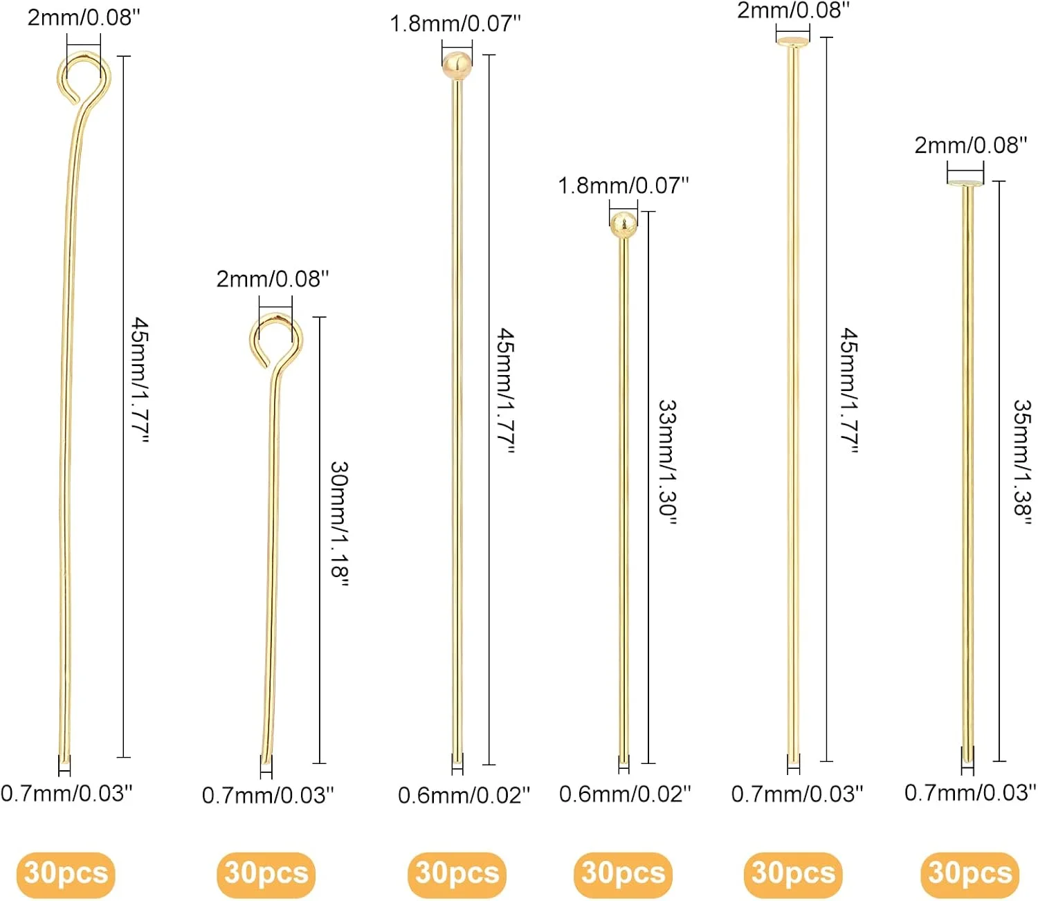 پین های ساخت جواهرات طلای 18 عیار PH PandaHall، پین های سر توپی، پین های چشم باز، پین های سر تخت، 3 سایز پین های چشمی جواهرات، لوازم جانبی ساخت جواهرات دست ساز گوشواره و دستبند، 30/35/45 میلی متر