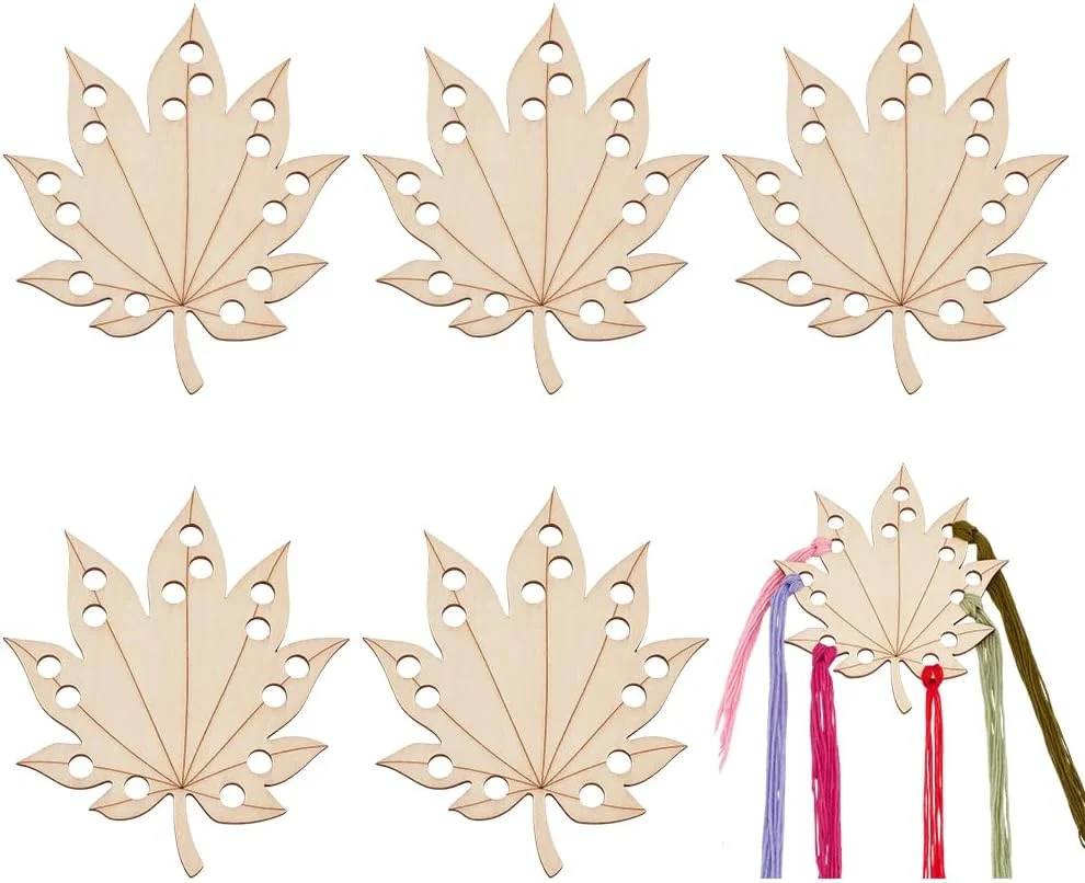 PH PandaHall 5 عدد سازمان دهنده نخ گلدوزی چوبی 15 سوراخه، نگهدارنده نخ طرح برگ، سازمان دهنده نخ کوک صلیبی چوبی برای نگهداری نخ گلدوزی و خیاطی کوک صلیبی، 118x140 میلی متر