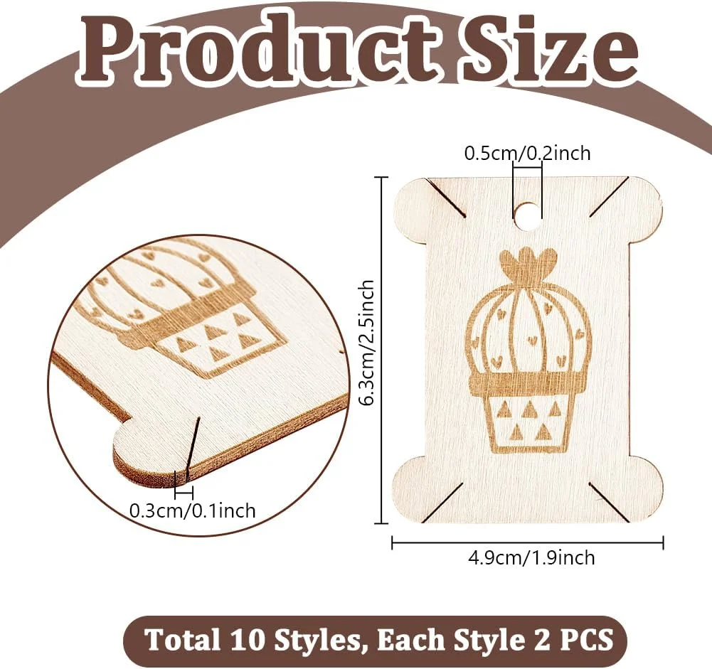 PH PandaHall 20 عدد ماسوره نخ دندان چوبی، 10 مدل ماسوره نخ کوک صلیبی با طرح کاکتوس، سازماندهی نخ دندان برای صنایع دستی، خیاطی و نگهداری DIY، 6x5 سانتی متر