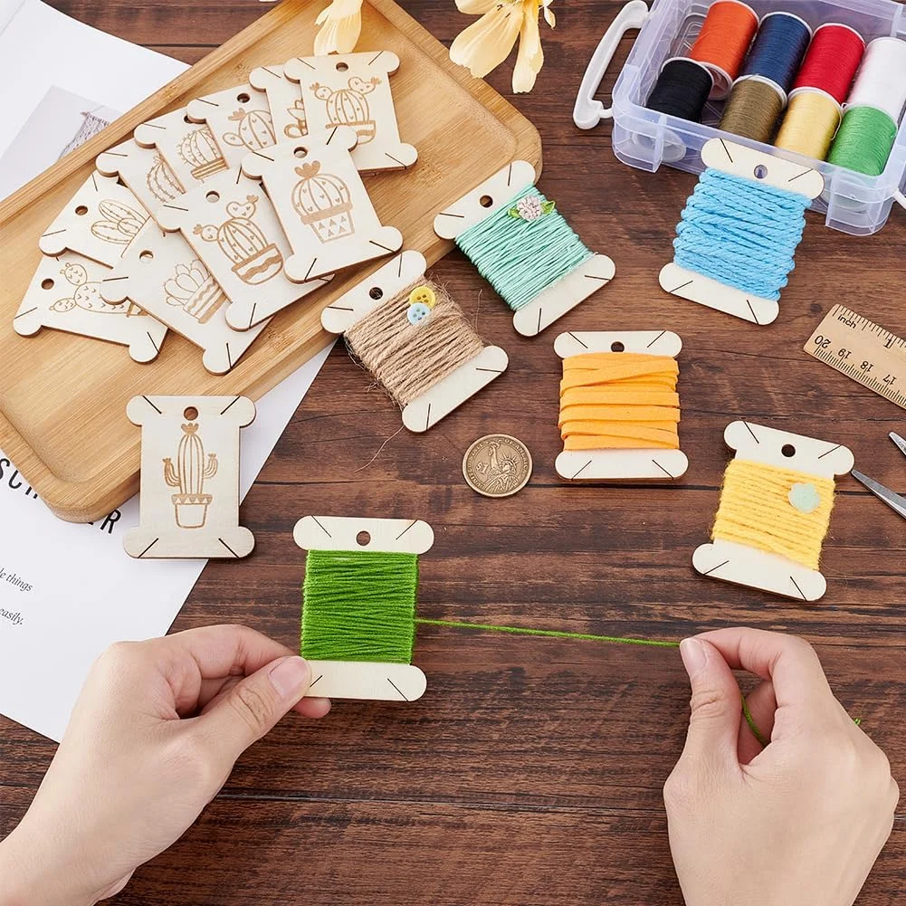 PH PandaHall 20 عدد ماسوره نخ دندان چوبی، 10 مدل ماسوره نخ کوک صلیبی با طرح کاکتوس، سازماندهی نخ دندان برای صنایع دستی، خیاطی و نگهداری DIY، 6x5 سانتی متر