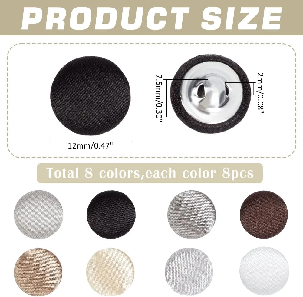 دکمه های پایه دار خیاطی PH PandaHall، 64 عدد دکمه روکش ساتن در 8 رنگ، دکمه های پارچه ای با دکمه های آلومینیومی 12 میلی متری، دکمه های گرد تخت مناسب برای کت و شلوار، لباس مجلسی، پیراهن، خیاطی DIY