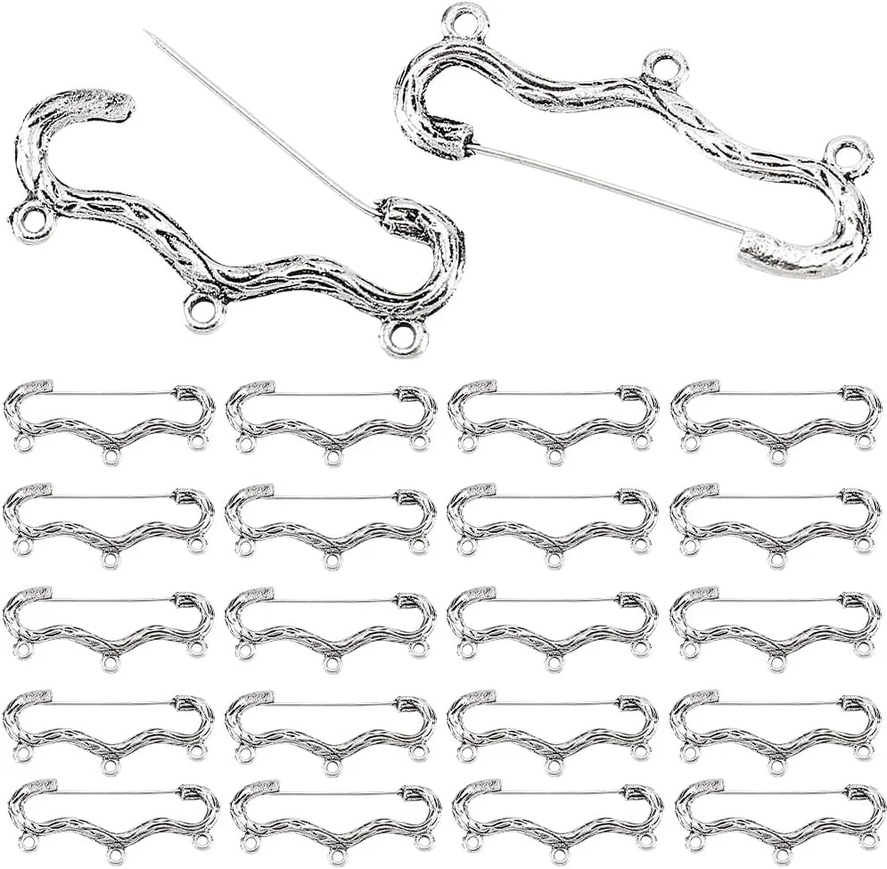 PH PandaHall 30 عدد سنجاق سینه نقره ای عتیقه، سنجاق قفلی با 3 حلقه، سنجاق سینه شال برای صنایع دستی، سنجاق های کیلت برای صنایع دستی، ساخت جواهرات سینه DIY، پتو، دامن بافتنی، 0.7x1.8x0.1 اینچ