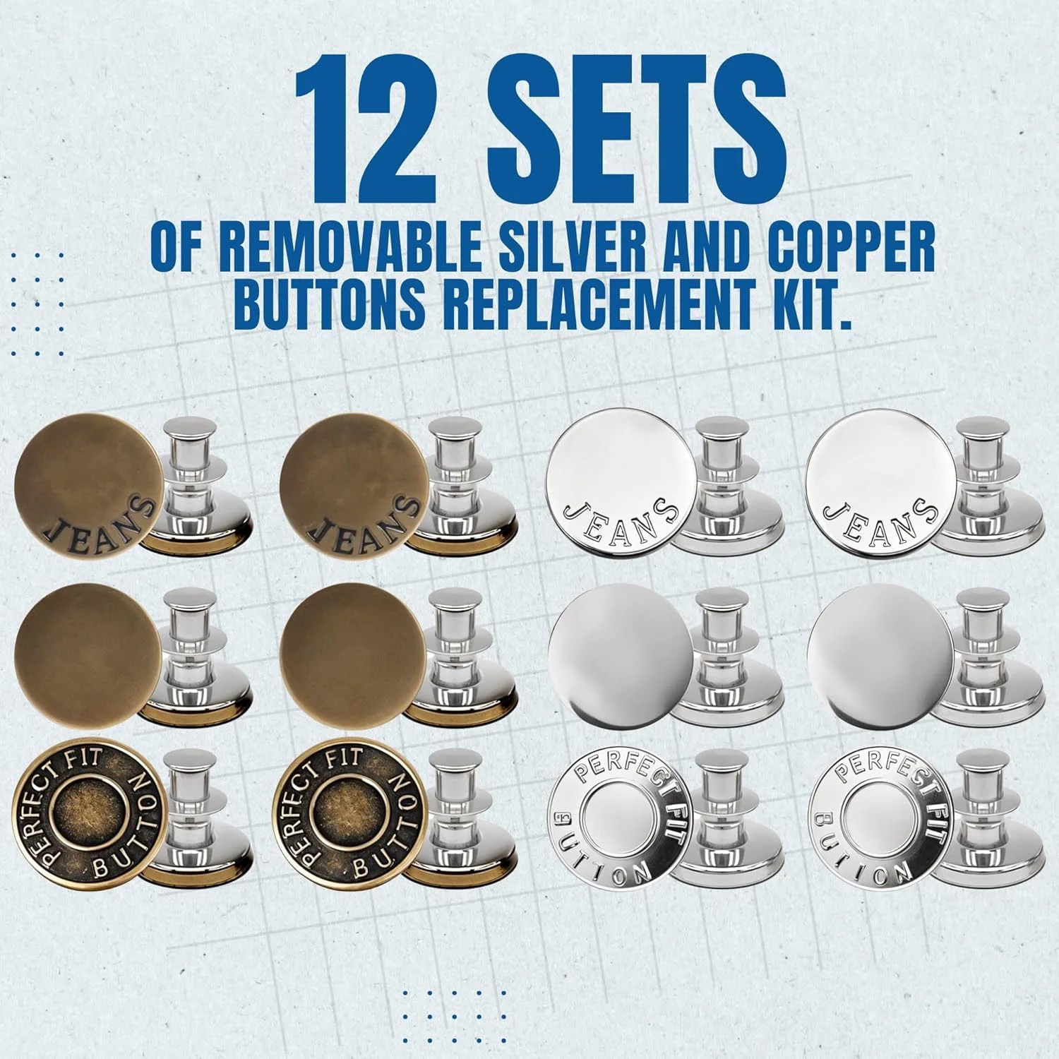 مجموعه 12 عددی دکمه های نقره ای و مسی قابل جابجایی Performore برای شلوار جین، کیت جایگزینی با دکمه ها و بست ها در جعبه نگهداری پلاستیکی شفاف برای تعمیر پارچه های جین، شلوار جین و ژاکت