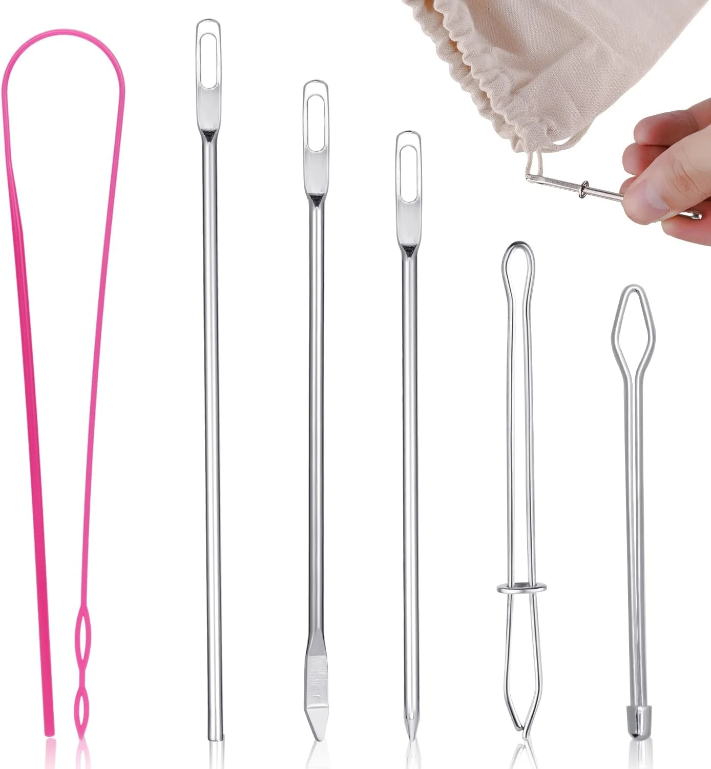 ست 6 عددی نخ کش خیاطی PEUTIER، شامل سوزن نخ فلزی، نخ کش پلاستیکی انعطاف پذیر و موچین فلزی، مناسب برای کاپشن، شلوارک، هودی و مایو