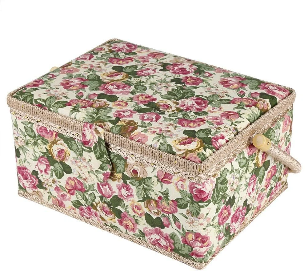 سبد خیاطی پارچه ای طرح گلدار، جعبه لوازم هنری، جعبه نگهداری وسایل منزل برای اشیاء مختلف، با دسته برای دکوراسیون منزل
