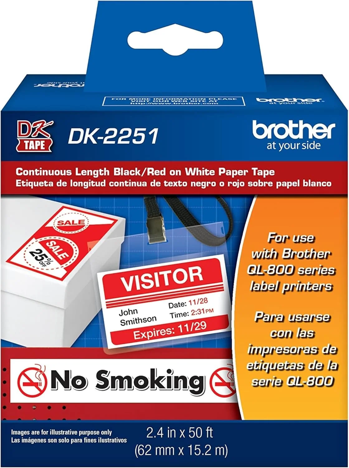 برچسب های جایگزین با طول مداوم Brother Genuine DK-2251، برچسب مشکی/قرمز روی نوار کاغذی سفید، طراحی شده با برتری، 2.4 اینچ × 50 فوت، 1 رول در هر جعبه