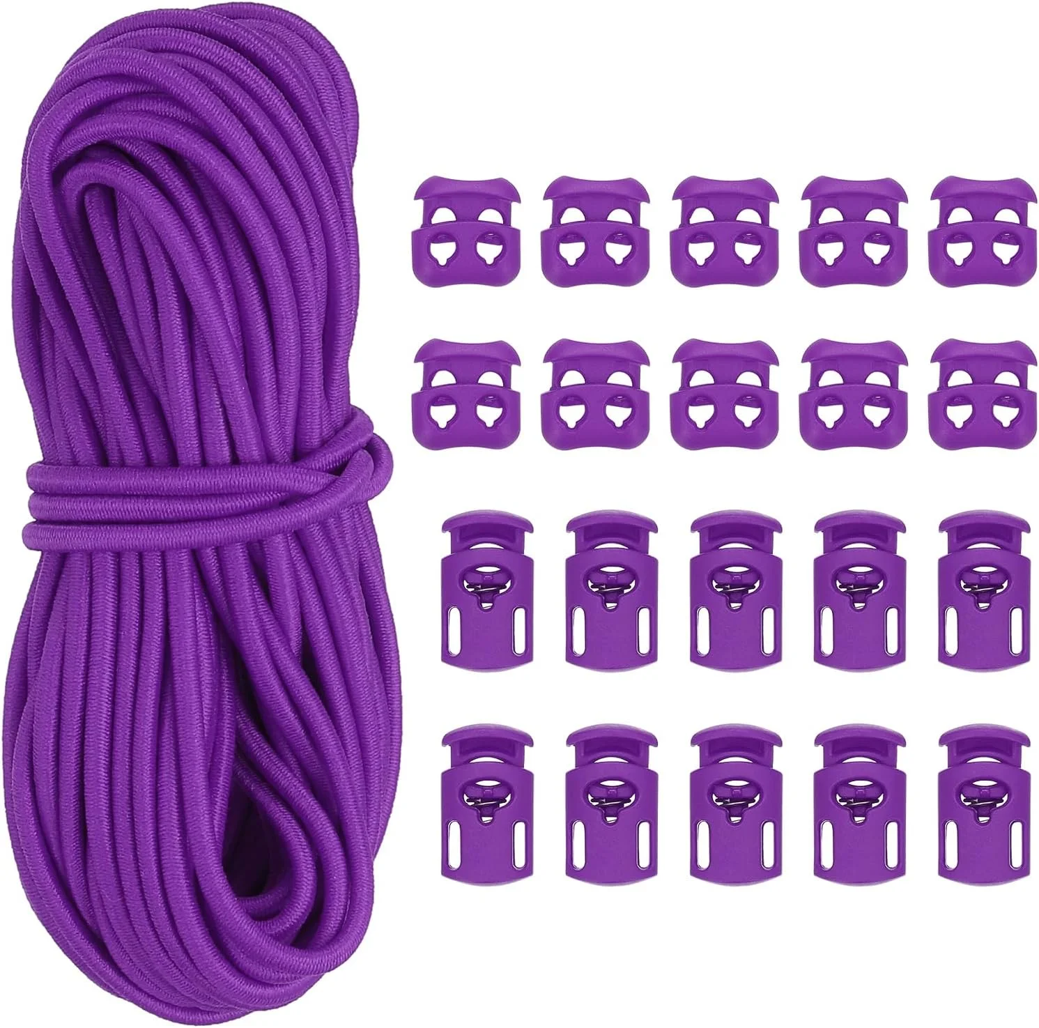 PATIKIL 15 متری طناب بانجی الاستیک و 10 عدد قفل طناب تک سوراخ و 10 عدد استاپر فنری دو سوراخ برای بند پاراکورد، بند کفش، لباس، کوله پشتی، کیف، بنفش