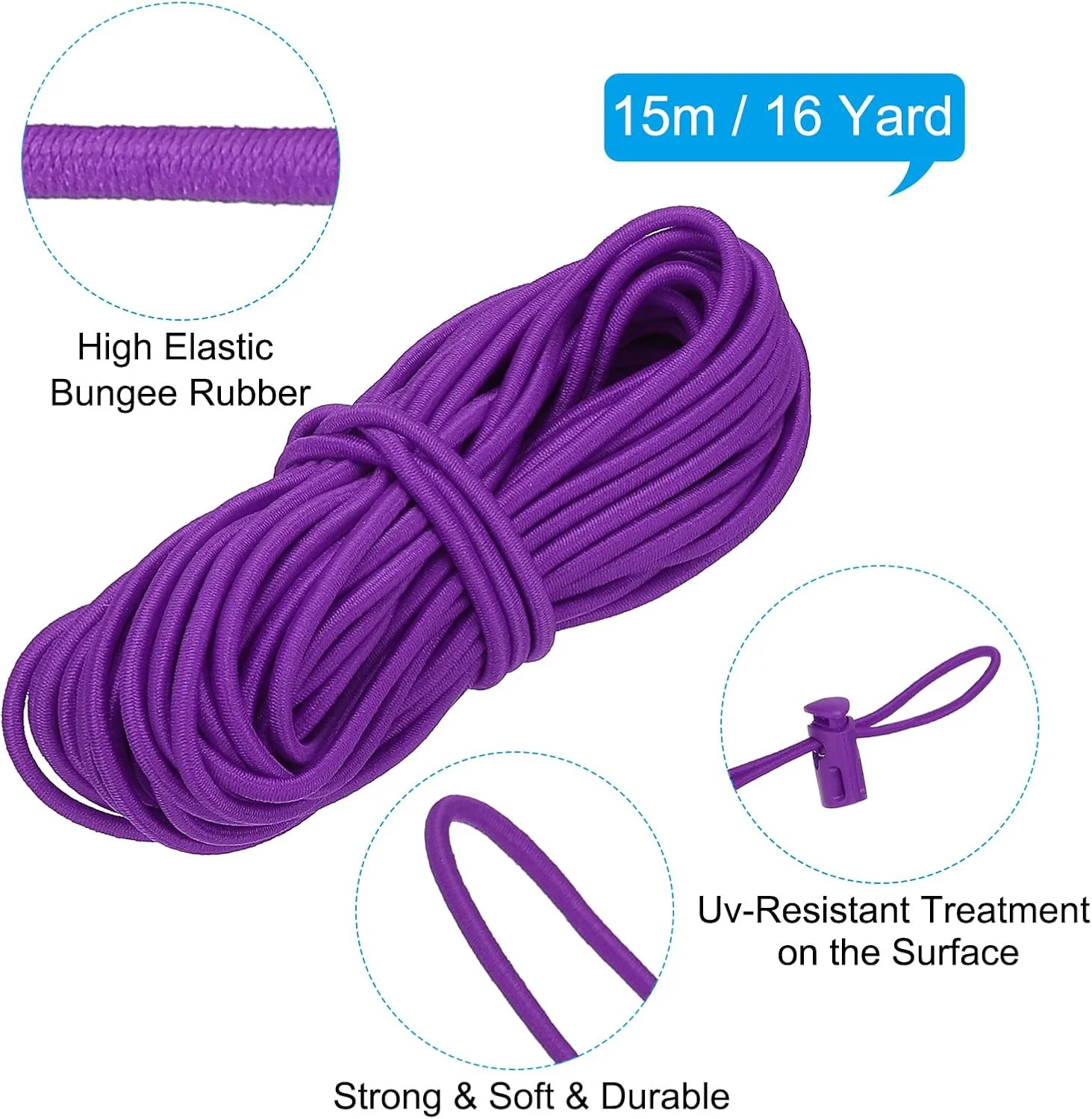 PATIKIL 15 متری طناب بانجی الاستیک و 10 عدد قفل طناب تک سوراخ و 10 عدد استاپر فنری دو سوراخ برای بند پاراکورد، بند کفش، لباس، کوله پشتی، کیف، بنفش PATIKIL 15 متری طناب بانجی الاستیک و 10 عدد قفل طناب تک سوراخ و 10 عدد استاپر فنری دو سوراخ برای بند پاراکورد، بند کفش، لباس، کوله پشتی، کیف، بنفش