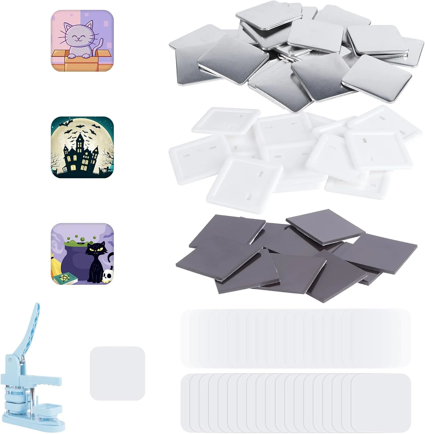 100 سری قطعات دکمه مربعی، لوازم ساخت دکمه آهنربایی یخچال برای دستگاه سازنده بج مربعی شکل 50 میلی متری، شامل پوشش فلزی، پوشش پشتی پلاستیکی، فیلم شفاف 100 سری قطعات دکمه مربعی، لوازم ساخت دکمه آهنربایی یخچال برای دستگاه سازنده بج مربعی شکل 50 میلی متری، شامل پوشش فلزی، پوشش پشتی پلاستیکی، فیلم شفاف