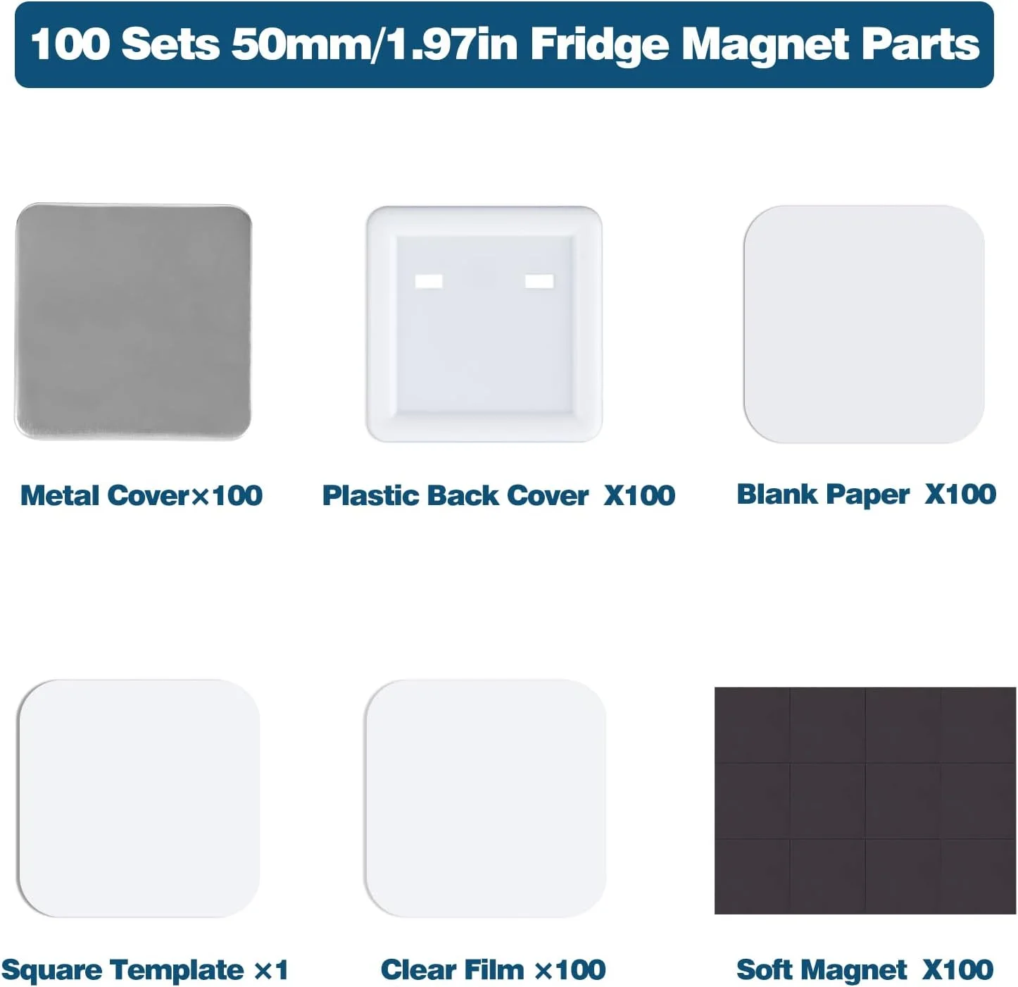 100 سری قطعات دکمه مربعی، لوازم ساخت دکمه آهنربایی یخچال برای دستگاه سازنده بج مربعی شکل 50 میلی متری، شامل پوشش فلزی، پوشش پشتی پلاستیکی، فیلم شفاف 100 سری قطعات دکمه مربعی، لوازم ساخت دکمه آهنربایی یخچال برای دستگاه سازنده بج مربعی شکل 50 میلی متری، شامل پوشش فلزی، پوشش پشتی پلاستیکی، فیلم شفاف
