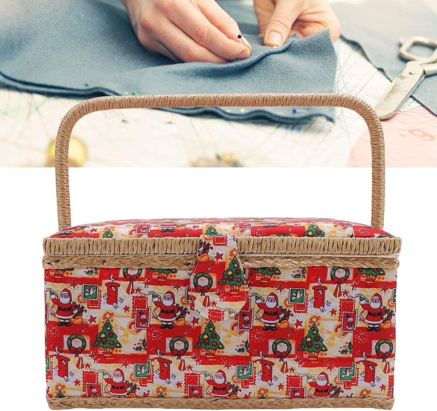 OVAQUIXI Vintage Sewing Basket, Sewing Storage Box with Detachable Tray and Built-in Needle Pad, 30.9x22.5x15cm OVAQUIXI Vintage Sewing Basket, Sewing Storage Box with Detachable Tray and Built-in Needle Pad, 30.9x22.5x15cm