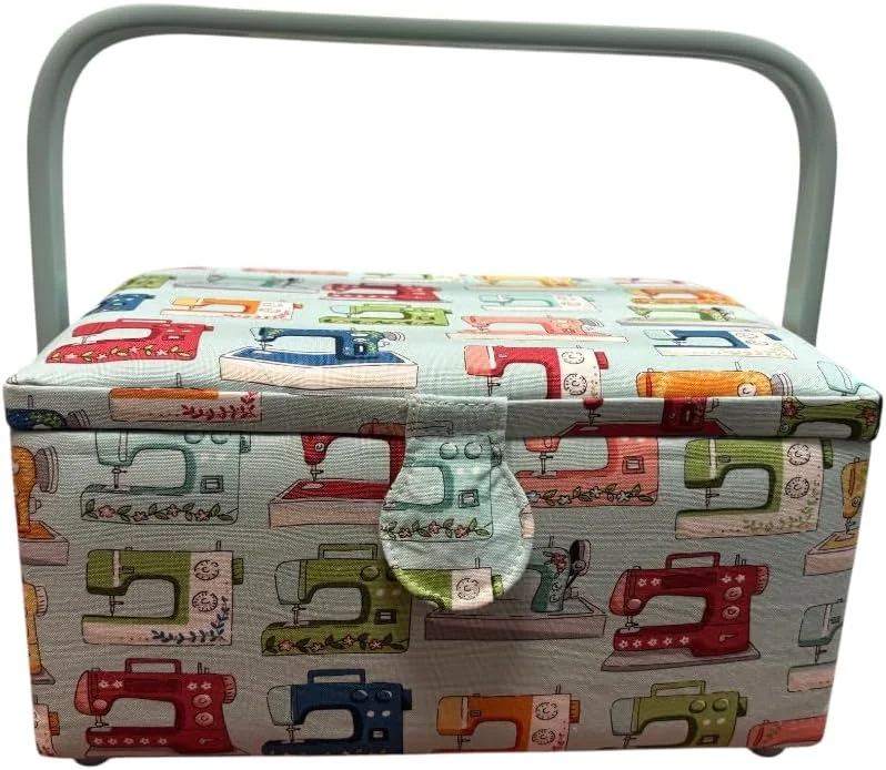 جعبه خیاطی چوبی بزرگ، جعبه خیاطی پارچه ای با 8 محفظه، سازمان دهنده با سوزن، جعبه نگهداری با دسته و سینی، (P13، متوسط)