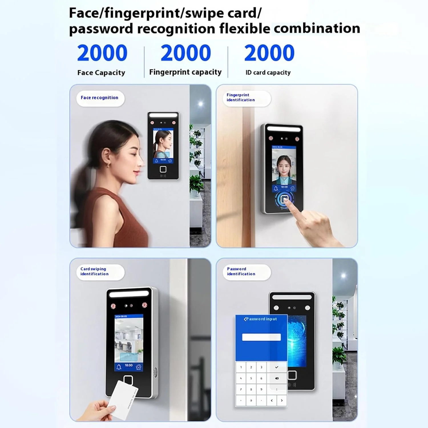 دستگاه حضور و غیاب تشخیص چهره، ساعت ورود و خروج کنترل دسترسی کارت چهره پویا با هوش مصنوعی برای کارمندان، ظرفیت 2000 کاربر دستگاه حضور و غیاب تشخیص چهره، ساعت ورود و خروج کنترل دسترسی کارت چهره پویا با هوش مصنوعی برای کارمندان، ظرفیت 2000 کاربر