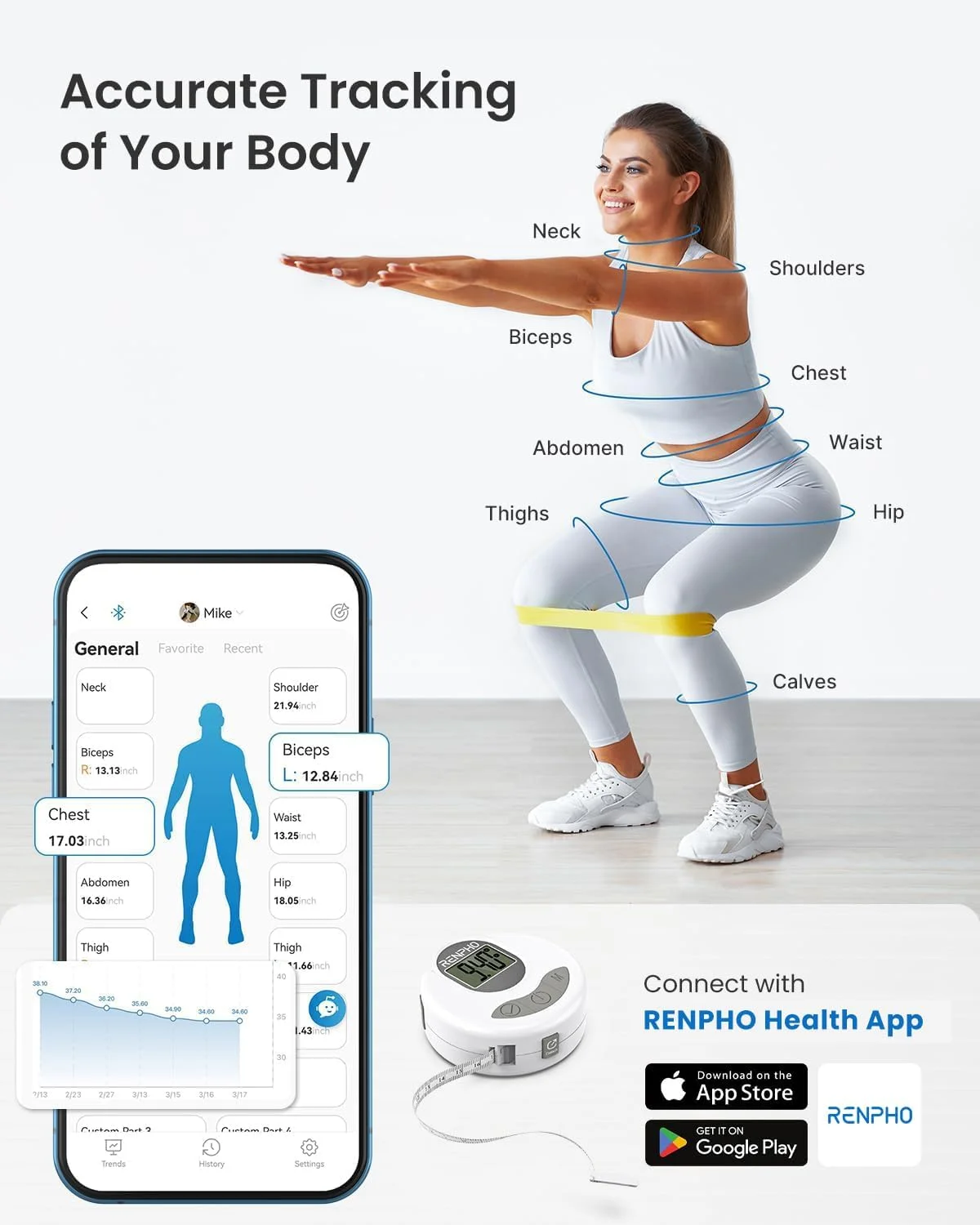 متر نواری بدن رنفوه، متر اندازه گیری دیجیتال هوشمند بلوتوثی برای اندازه گیری بدن، کاهش وزن، افزایش عضله، بدنسازی تناسب اندام، جمع شونده، اندازه گیری دقیق خودکار دور اندام