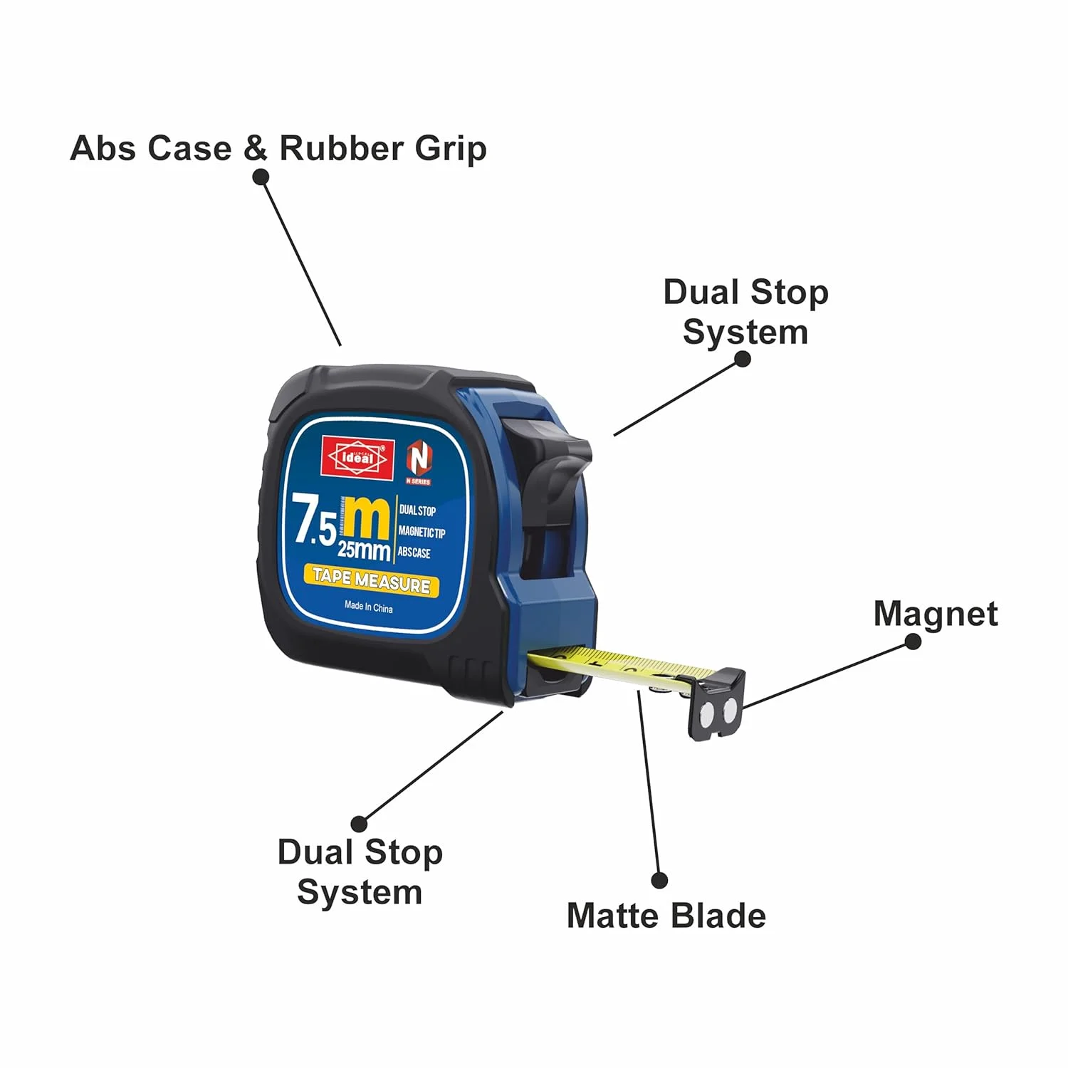 متر نواری 7.5 متری IDEAL POWER TOOLS مدل MT7.5X25HQ با تکنولوژی توقف دوگانه، بدنه ABS، روکش لاستیکی PVC، نوک مغناطیسی و تیغه مات، طول 7.5 متر، عرض 25 میلی متر.