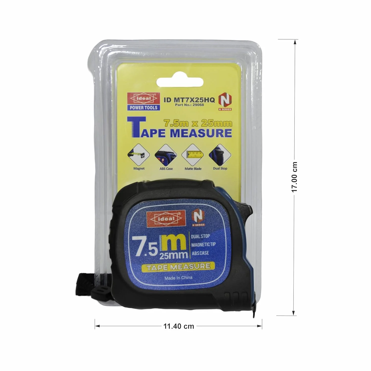 متر نواری 7.5 متری IDEAL POWER TOOLS مدل MT7.5X25HQ با تکنولوژی توقف دوگانه، بدنه ABS، روکش لاستیکی PVC، نوک مغناطیسی و تیغه مات، طول 7.5 متر، عرض 25 میلی متر.