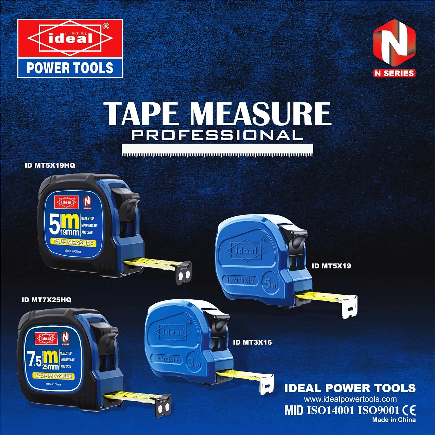متر نواری 7.5 متری IDEAL POWER TOOLS مدل MT7.5X25HQ با تکنولوژی توقف دوگانه، بدنه ABS، روکش لاستیکی PVC، نوک مغناطیسی و تیغه مات، طول 7.5 متر، عرض 25 میلی متر.