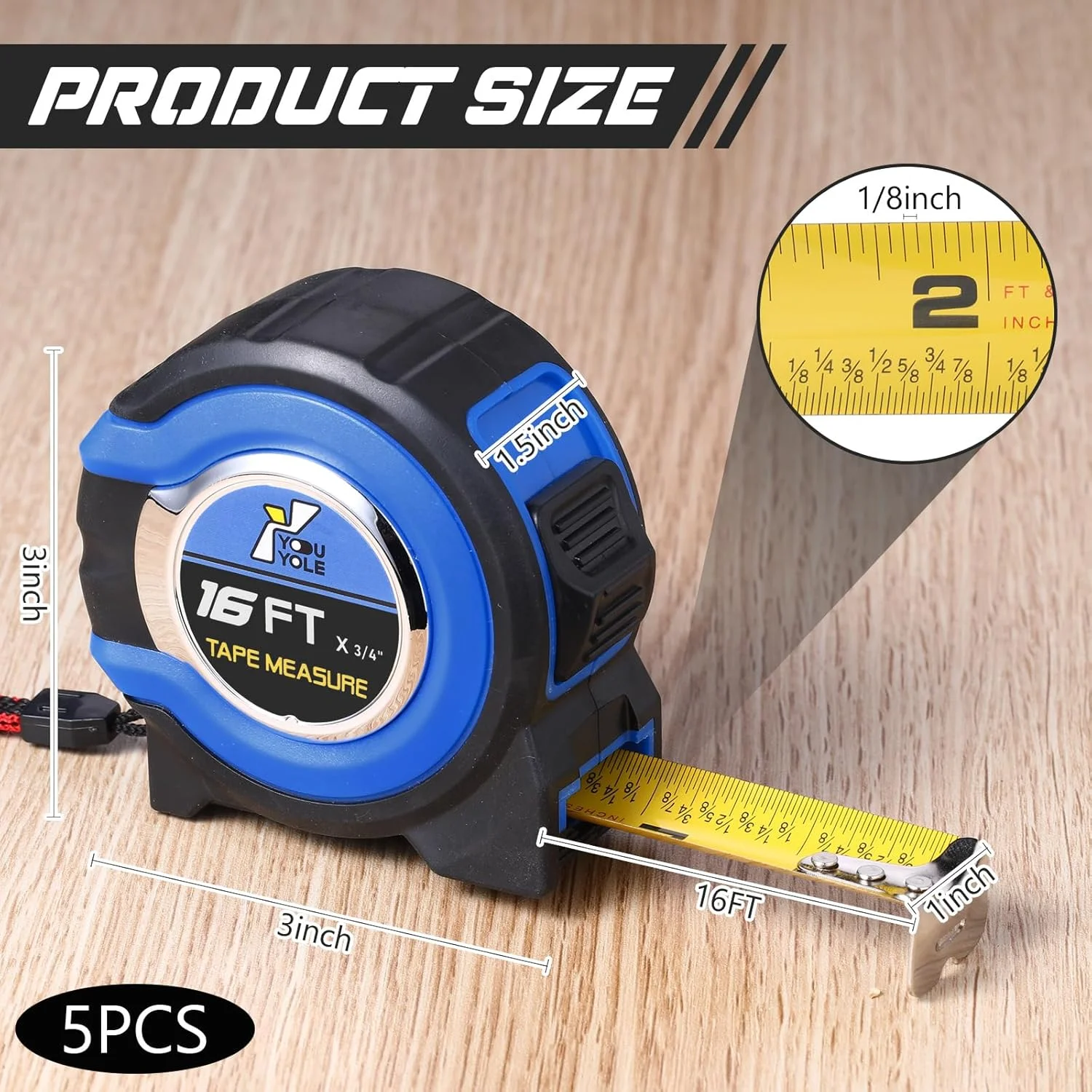متر نواری 10 عددی Youyole با واحدهای کسری 1/8، متر اندازه گیری فولادی جمع شونده، خط کش اندازه گیری آسان خوان، تیغه فولادی قدرتمند (4.8 متر در 1.9 سانتی متر، آبی)