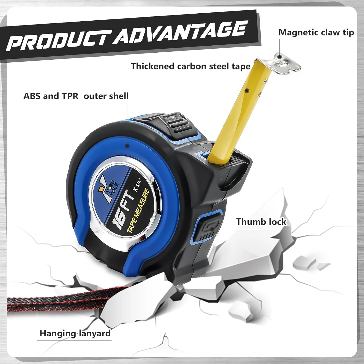 متر نواری 10 عددی Youyole با واحدهای کسری 1/8، متر اندازه گیری فولادی جمع شونده، خط کش اندازه گیری آسان خوان، تیغه فولادی قدرتمند (4.8 متر در 1.9 سانتی متر، آبی)