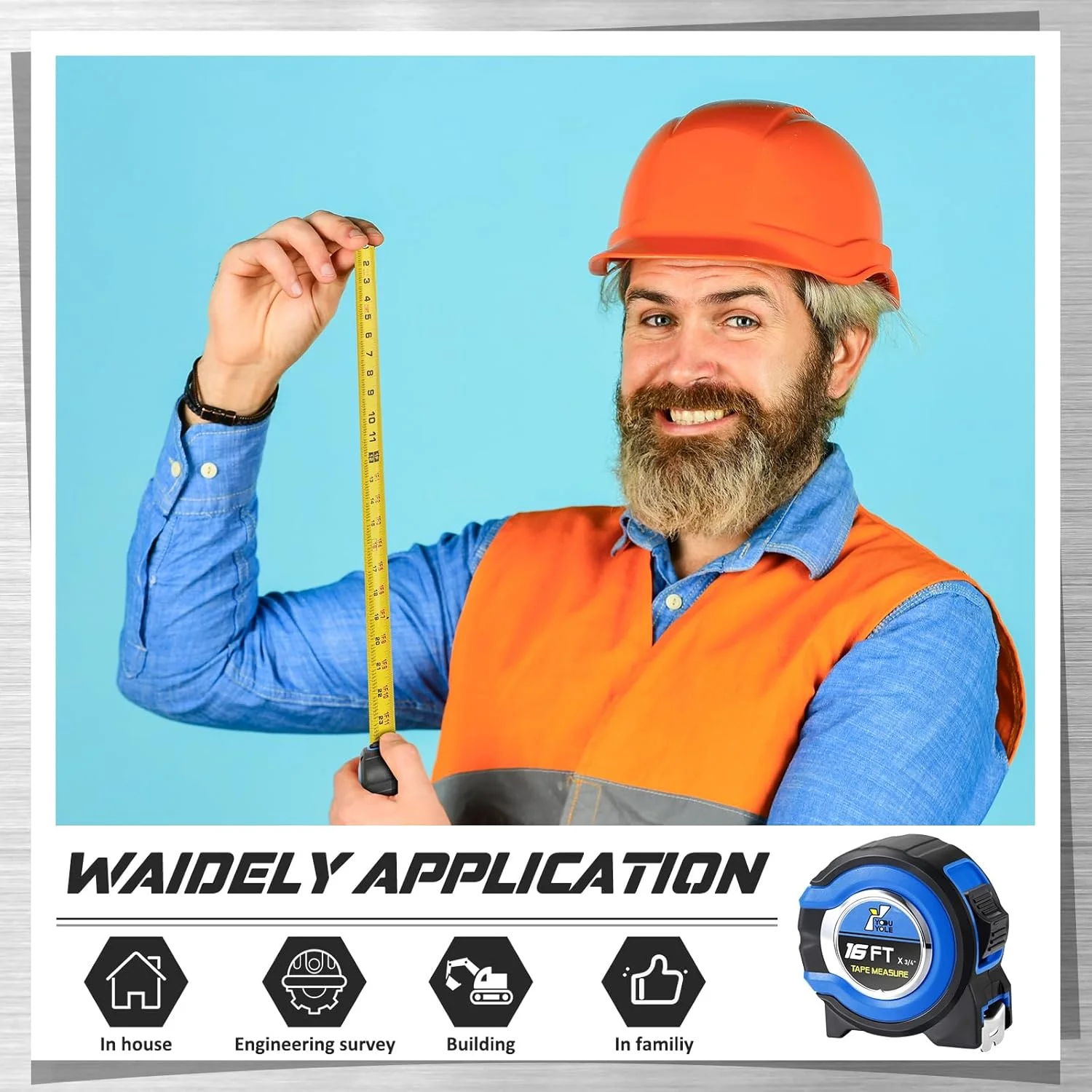 متر نواری 10 عددی Youyole با واحدهای کسری 1/8، متر اندازه گیری فولادی جمع شونده، خط کش اندازه گیری آسان خوان، تیغه فولادی قدرتمند (4.8 متر در 1.9 سانتی متر، آبی)