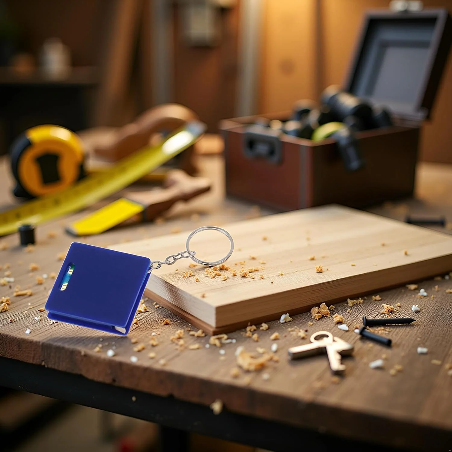 متر جیبی کوچک آبی رنگ با تراز مربعی و حبابی، خط کش فولادی 1 متری، ابزار اندازه گیری قابل حمل، متر نواری جمع شونده کوچک جاکلیدی