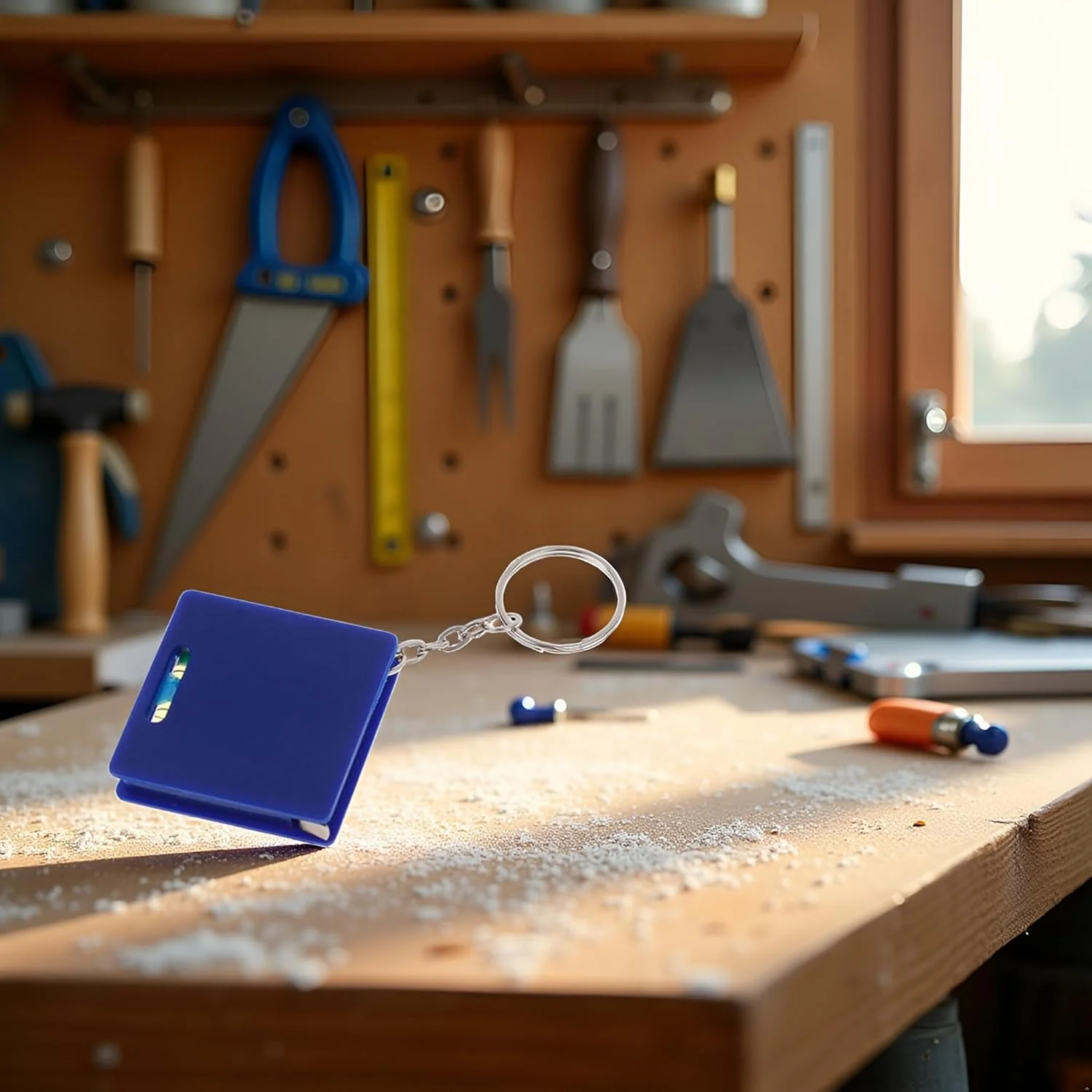 متر جیبی کوچک آبی رنگ با تراز مربعی و حبابی، خط کش فولادی 1 متری، ابزار اندازه گیری قابل حمل، متر نواری جمع شونده کوچک جاکلیدی