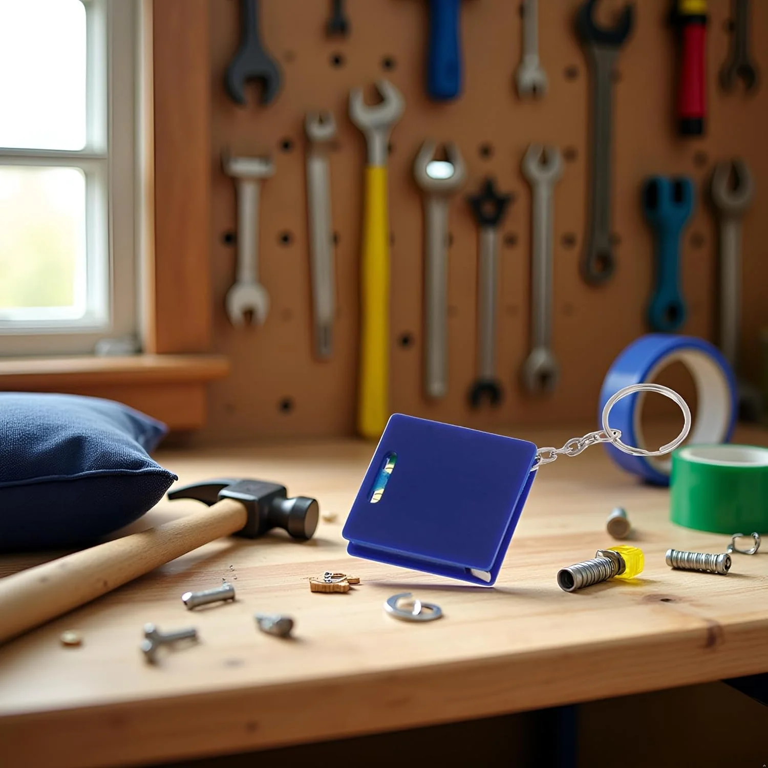 متر جیبی کوچک آبی رنگ با تراز مربعی و حبابی، خط کش فولادی 1 متری، ابزار اندازه گیری قابل حمل، متر نواری جمع شونده کوچک جاکلیدی