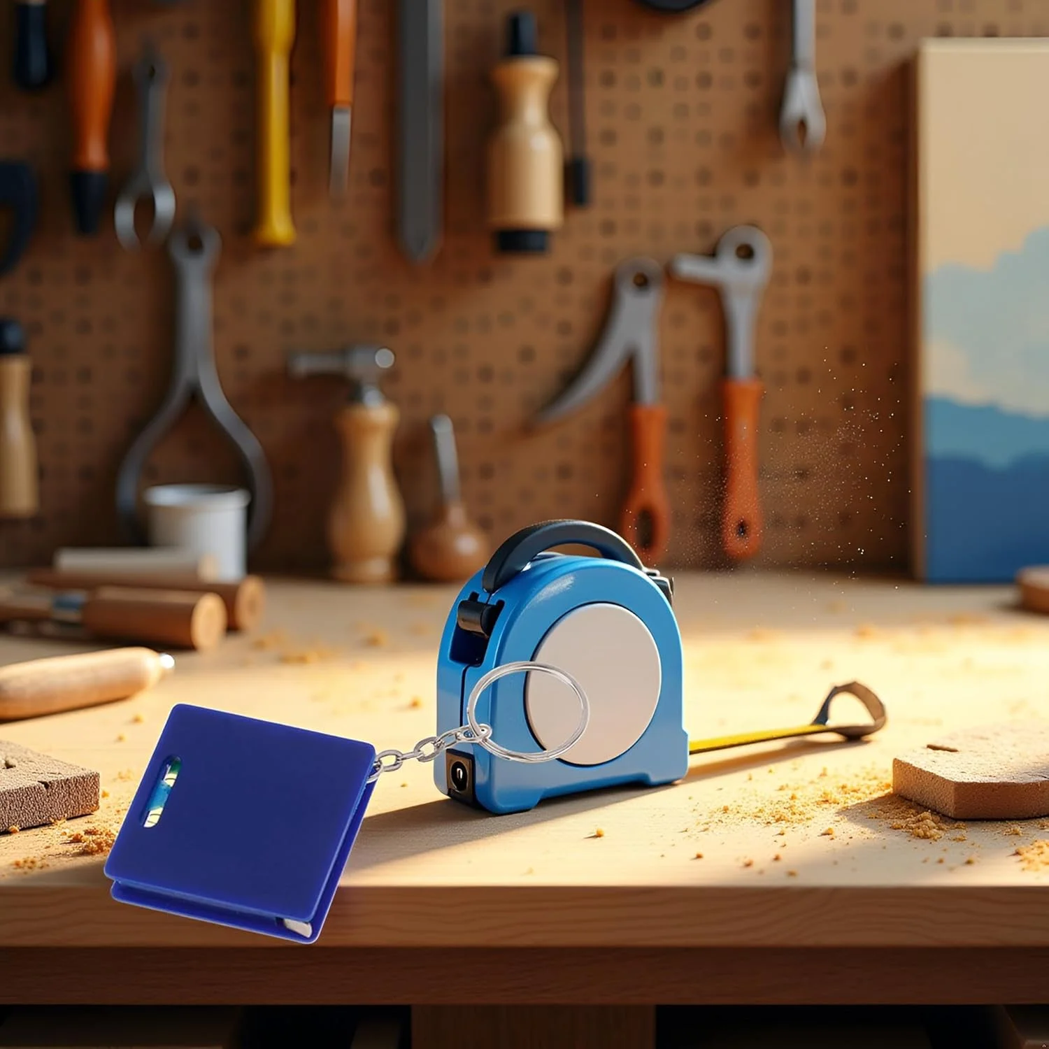 متر جیبی کوچک آبی رنگ با تراز مربعی و حبابی، خط کش فولادی 1 متری، ابزار اندازه گیری قابل حمل، متر نواری جمع شونده کوچک جاکلیدی