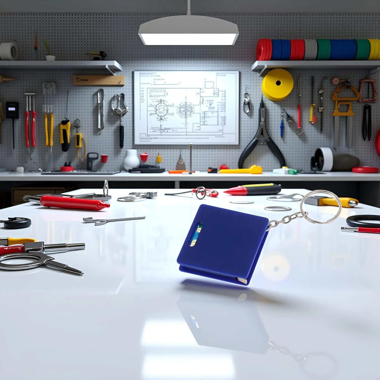 متر جیبی کوچک آبی رنگ با تراز مربعی و حبابی، خط کش فولادی 1 متری، ابزار اندازه گیری قابل حمل، متر نواری جمع شونده کوچک جاکلیدی