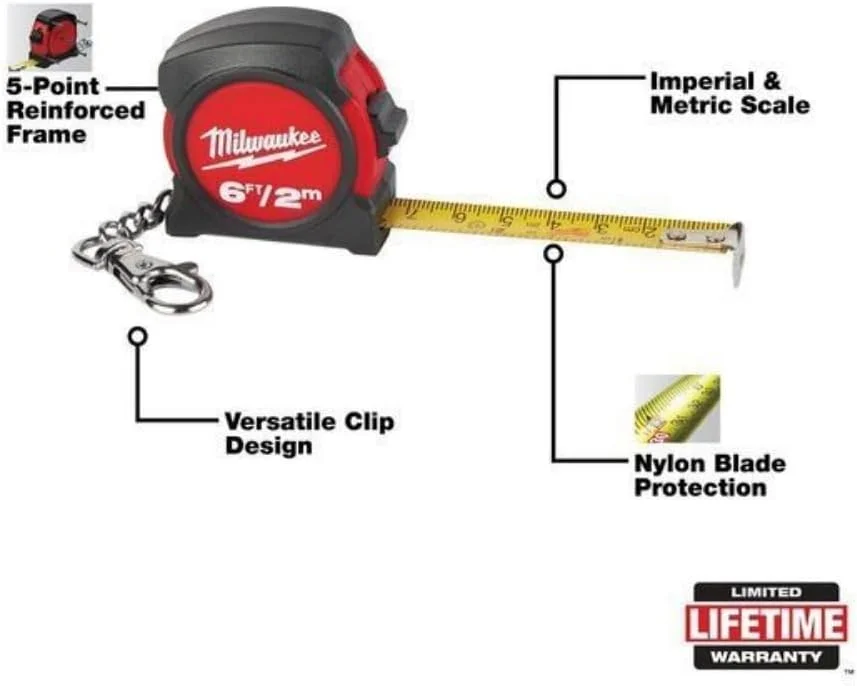 TWQBHSH مناسب برای ابزار Milwaukee 48-22-5506 متر نواری 6 فوتی / 2 متری جاکلیدی Milwaukee، قرمز