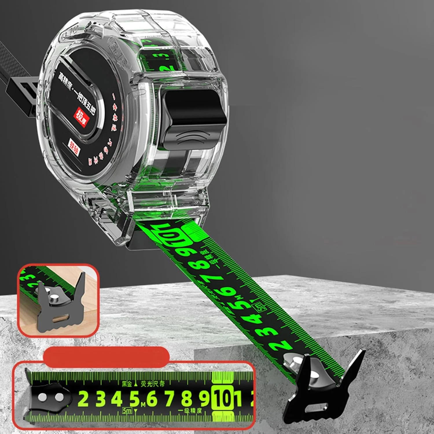 متر نواری استیل ضد زنگ با روکش الکتروپلیت بادوام Fdit، با جعبه شفاف و ابزار نجاری مناسب برای محیط های کاری مختلف به همراه جعبه خط کش نجاری (10 متر / 32.8 فوت)