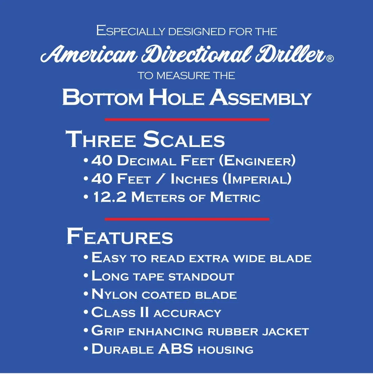 متر نواری 12 متری مخصوص حفاری جهت دار آمریکایی - تیغه پهن - مقیاس مهندسی، اینچ/فوت، متریک - مجموعه ته چاهی - نوار BHA - نوار اندازه گیری حفاری - کلاس II