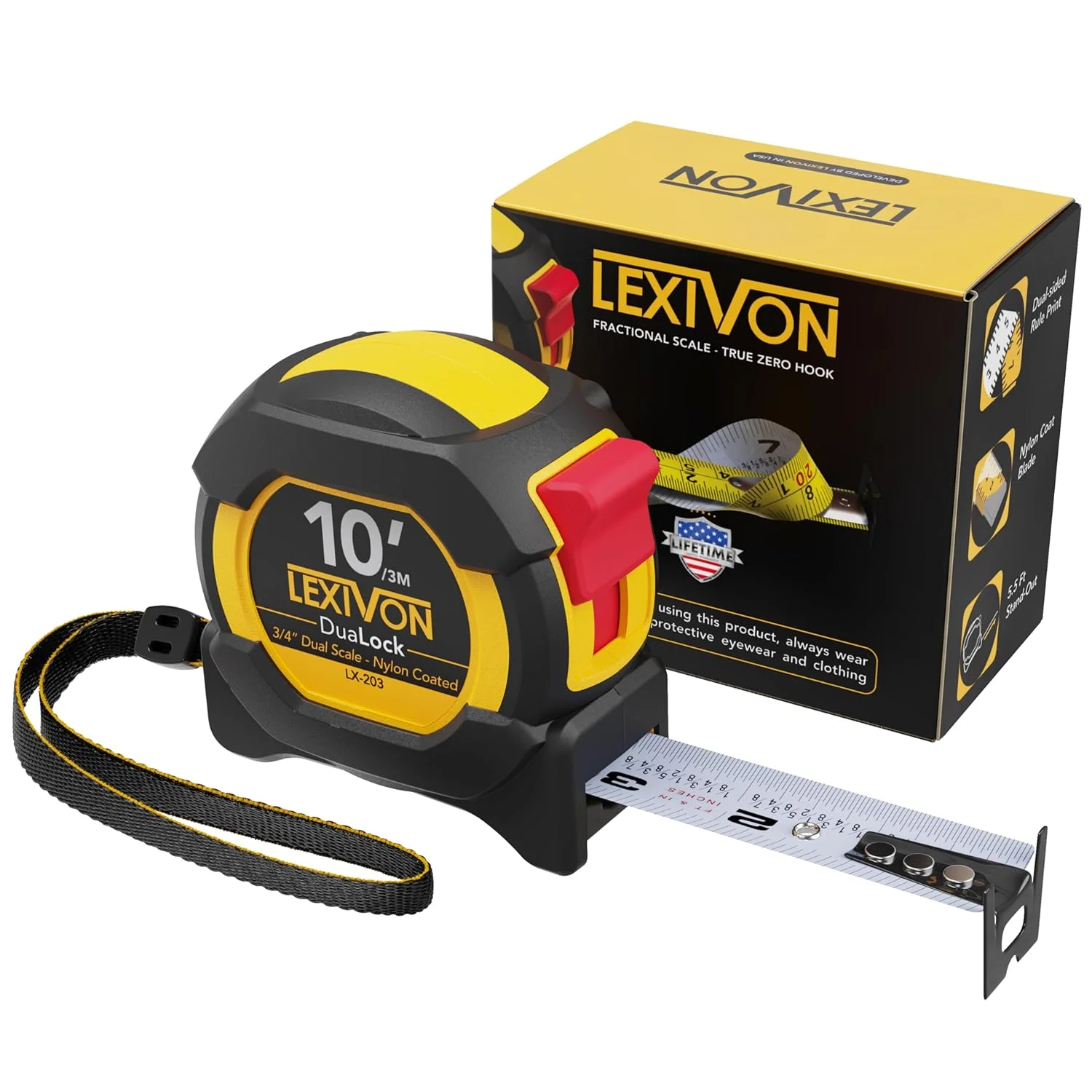 متر نواری 3 متری/10 فوتی DuaLock لکسیون | تیغه 3/4 اینچی با پوشش نایلونی، روکش مات سفید و زرد با چاپ دو طرفه | فوت/اینچ/کسر/متریک (LX-200)