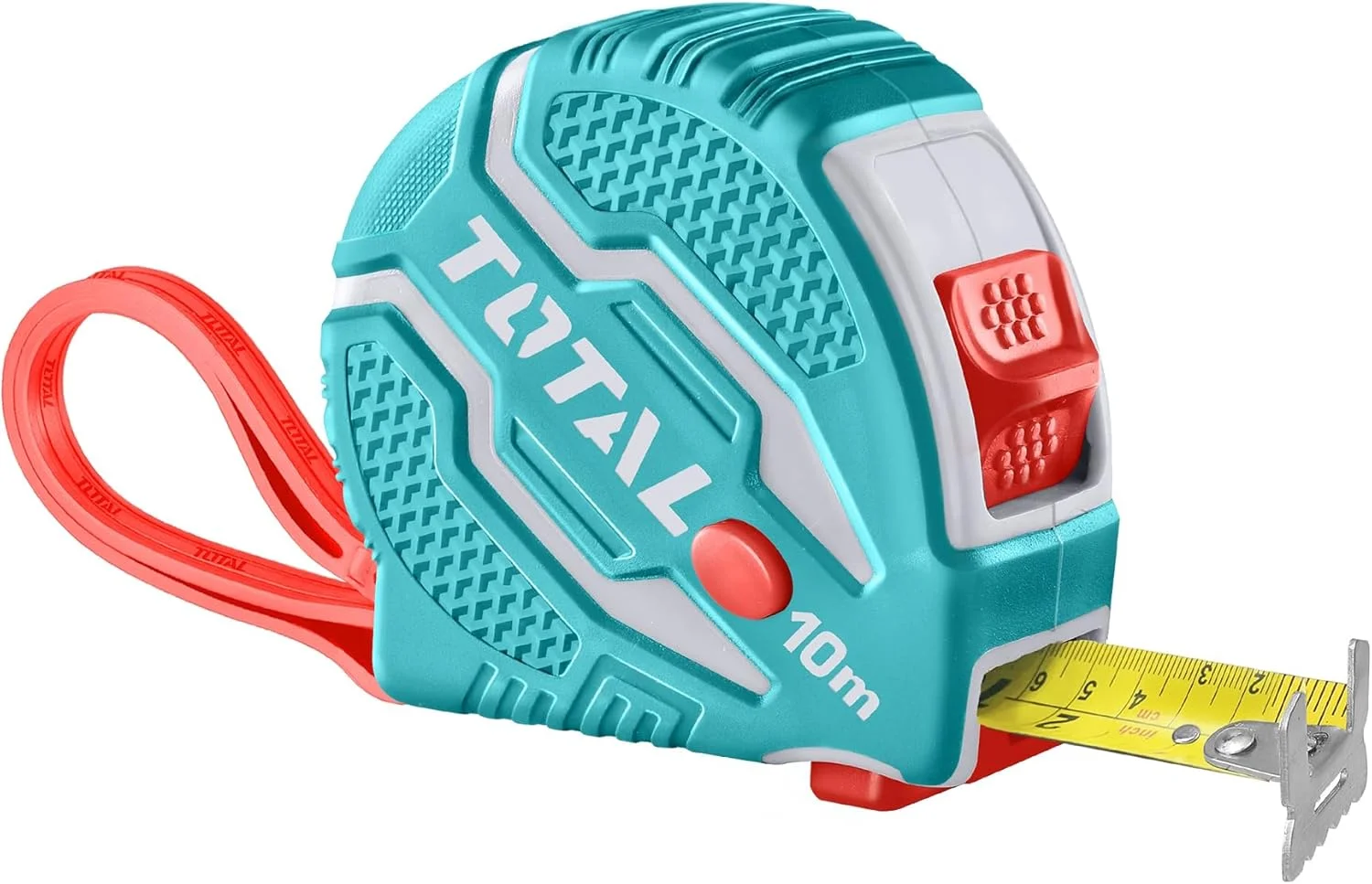 متر فلزی 10 متری توتال با عرض 25 میلی متر، اندازه گیری متریک و اینچی، دارای 3 دکمه توقف، روکش لاستیکی