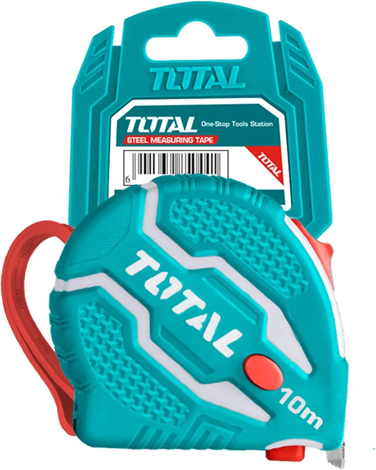 متر فلزی 10 متری توتال با عرض 25 میلی متر، اندازه گیری متریک و اینچی، دارای 3 دکمه توقف، روکش لاستیکی