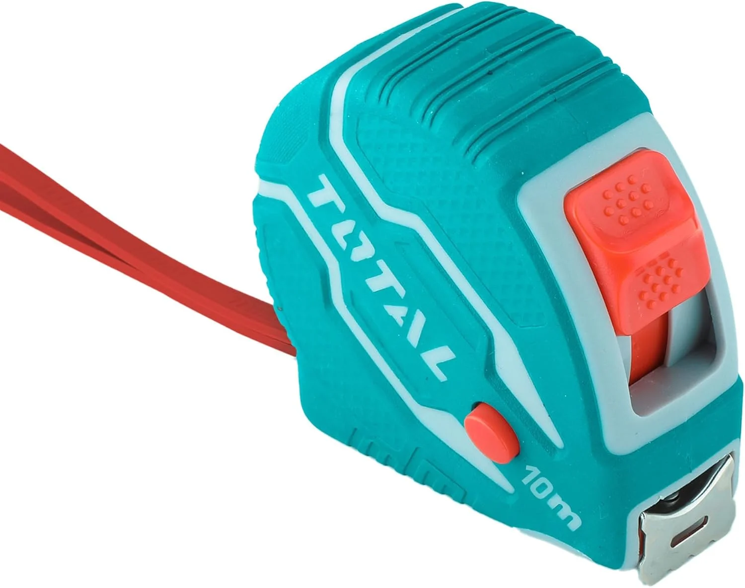 متر فلزی 10 متری توتال با عرض 25 میلی متر، اندازه گیری متریک و اینچی، دارای 3 دکمه توقف، روکش لاستیکی