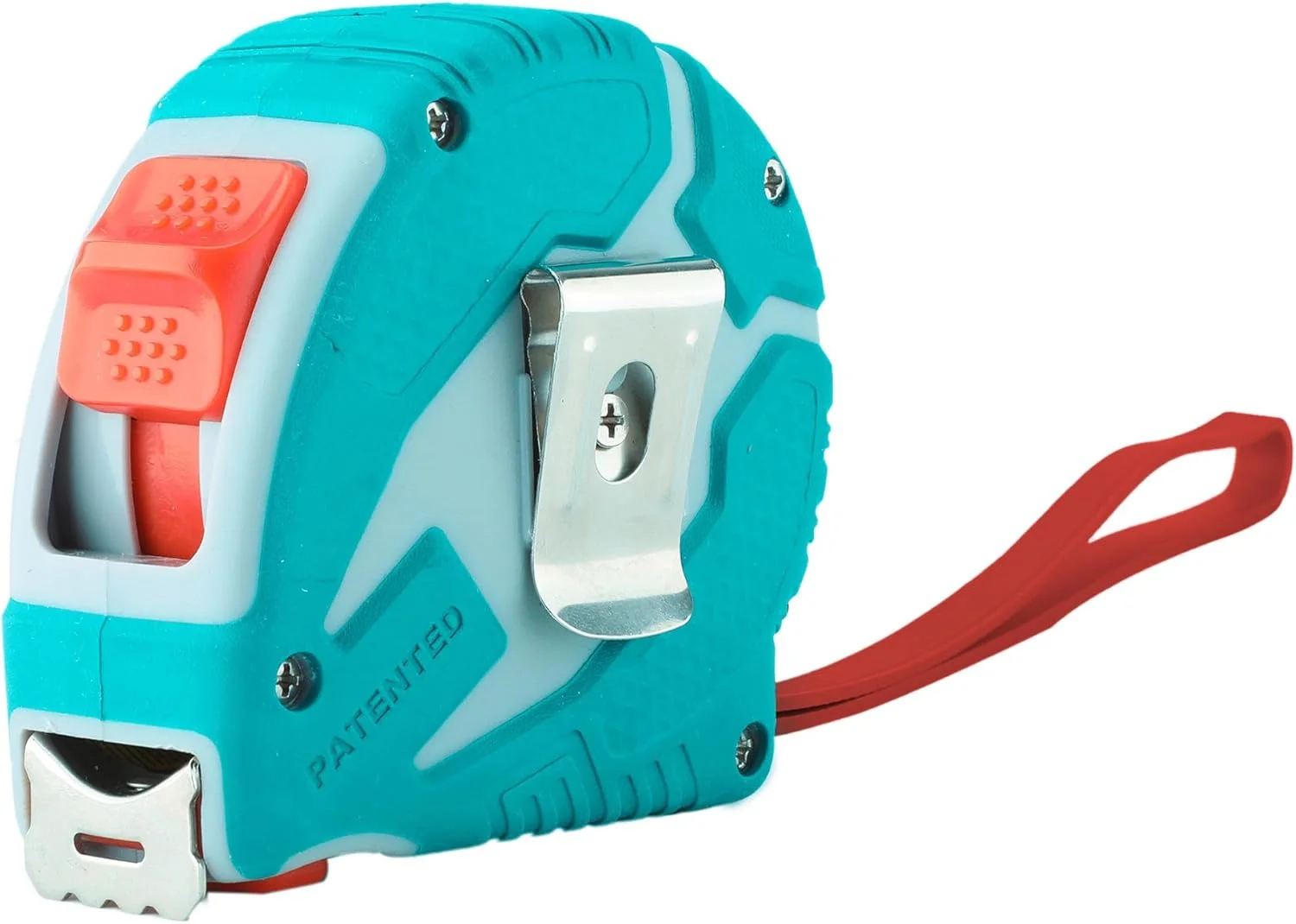 متر فلزی 10 متری توتال با عرض 25 میلی متر، اندازه گیری متریک و اینچی، دارای 3 دکمه توقف، روکش لاستیکی