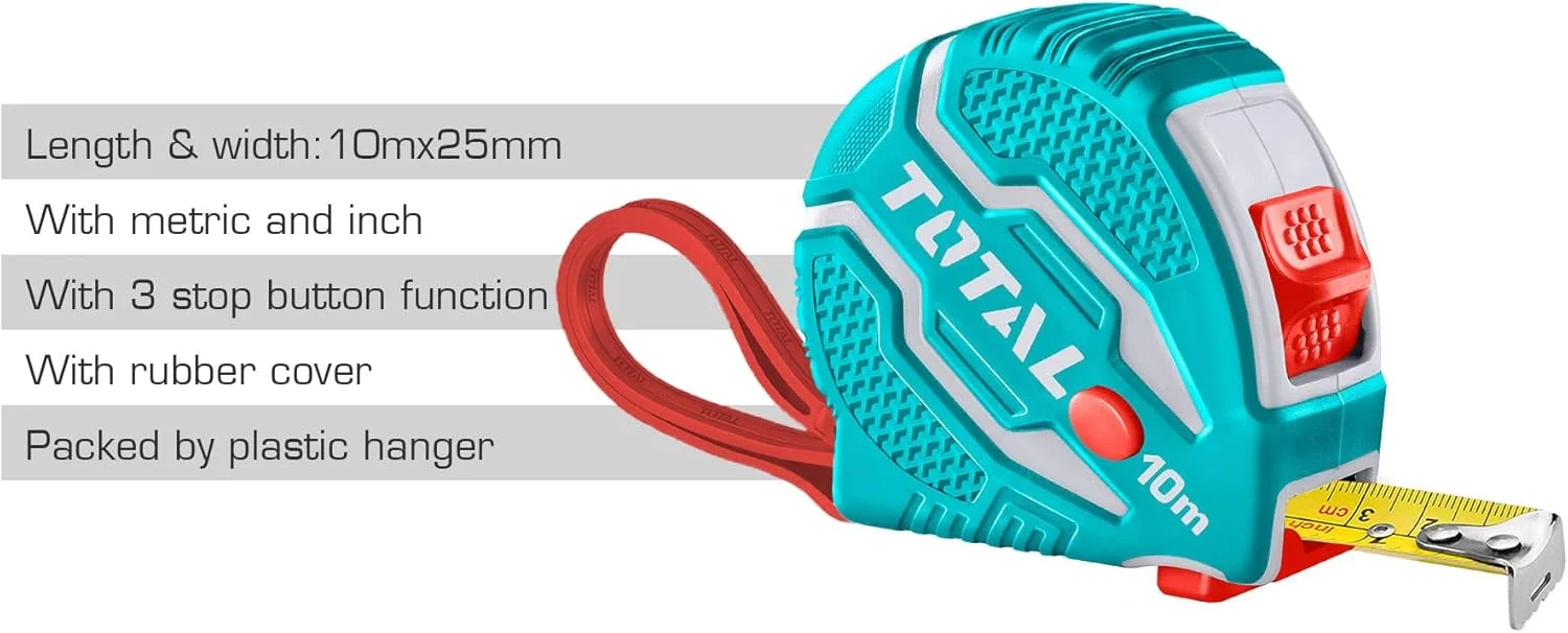متر فلزی 10 متری توتال با عرض 25 میلی متر، اندازه گیری متریک و اینچی، دارای 3 دکمه توقف، روکش لاستیکی