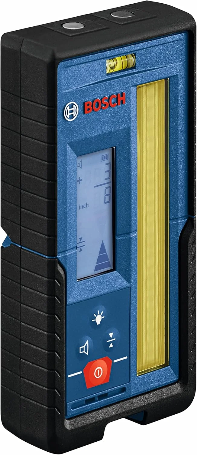گیرنده لیزری چرخشی بوش مدل LR20 با قابلیت تشخیص پرتوهای قرمز و سبز تا 300 متر، شامل براکت نصب و 2 عدد باتری قلمی