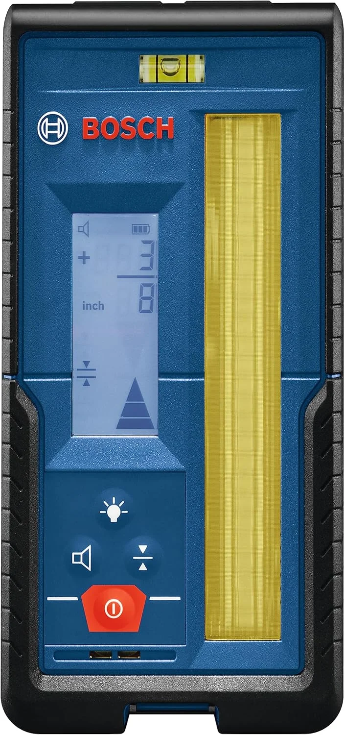 گیرنده لیزری چرخشی بوش مدل LR20 با قابلیت تشخیص پرتوهای قرمز و سبز تا 300 متر، شامل براکت نصب و 2 عدد باتری قلمی