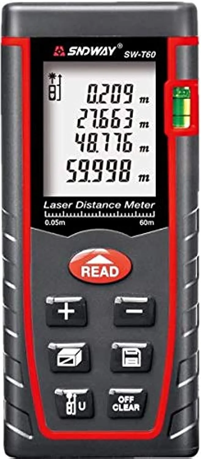متر لیزری دیجیتال 60 متری Sndway مدل SW-T60 با تراز حبابی و صفحه نمایش LCD چهار خطی